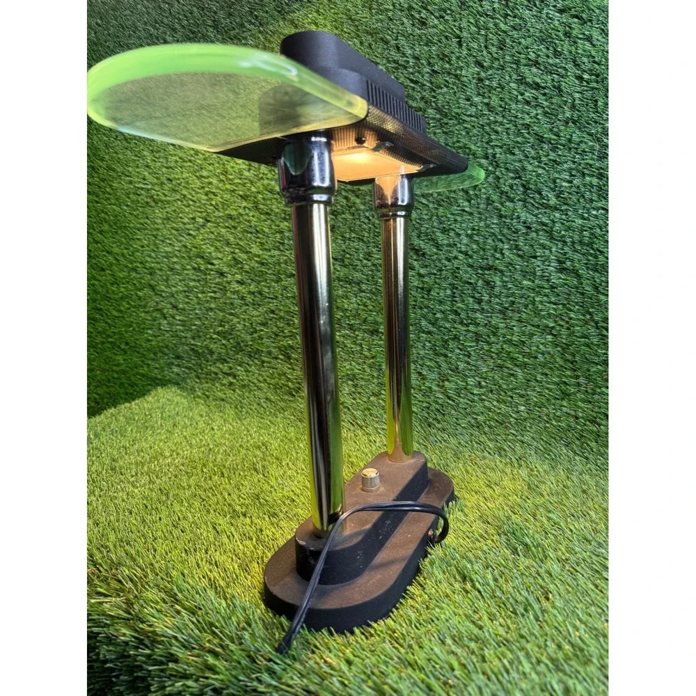 Vintage Postmodern Halogen Desk Lamp Dual Chrome Pillar Glass Wing Model 7042